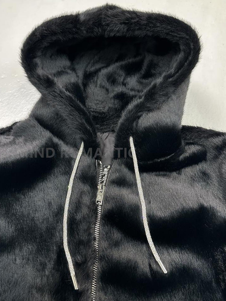 Mastermind MMJ Skull Faux Mink Fur Hoodie – Dark High-Street Black Hooded Coat