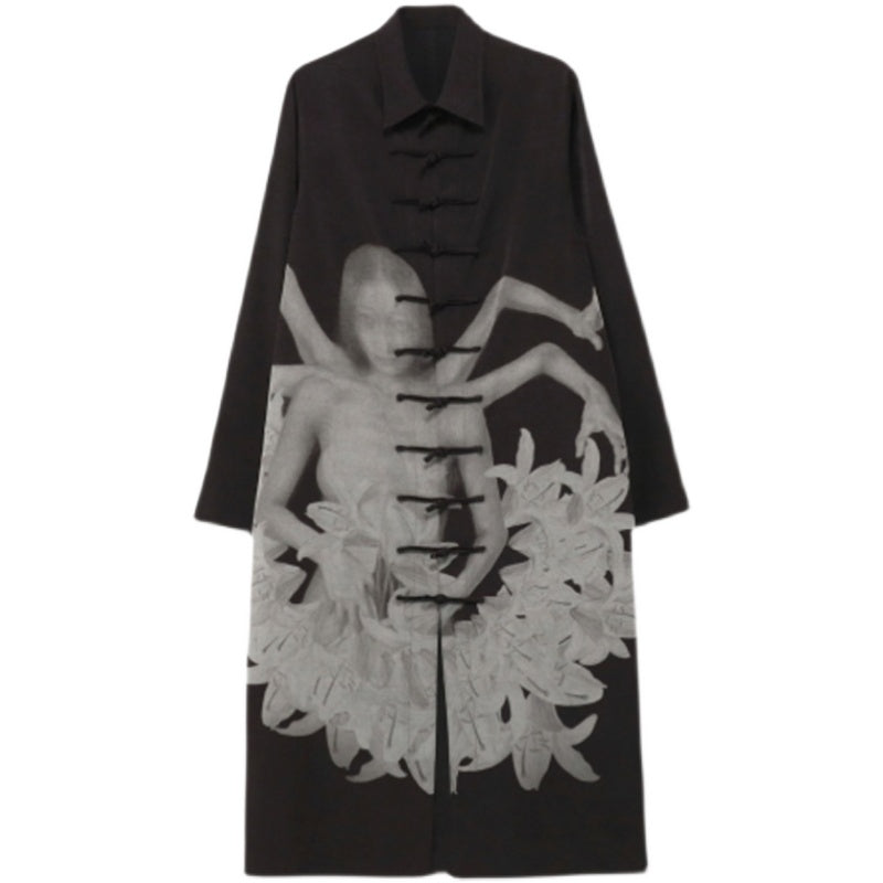 Self-made Yohji Yamamoto Dark Asura Lily Printed Mid-Length Shirt Button Closure