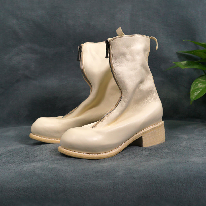 Self-made Guidi Horse Leather Distressed Chunky Heel Mid-Calf Ankle Boots PL1/2 Front-Zip