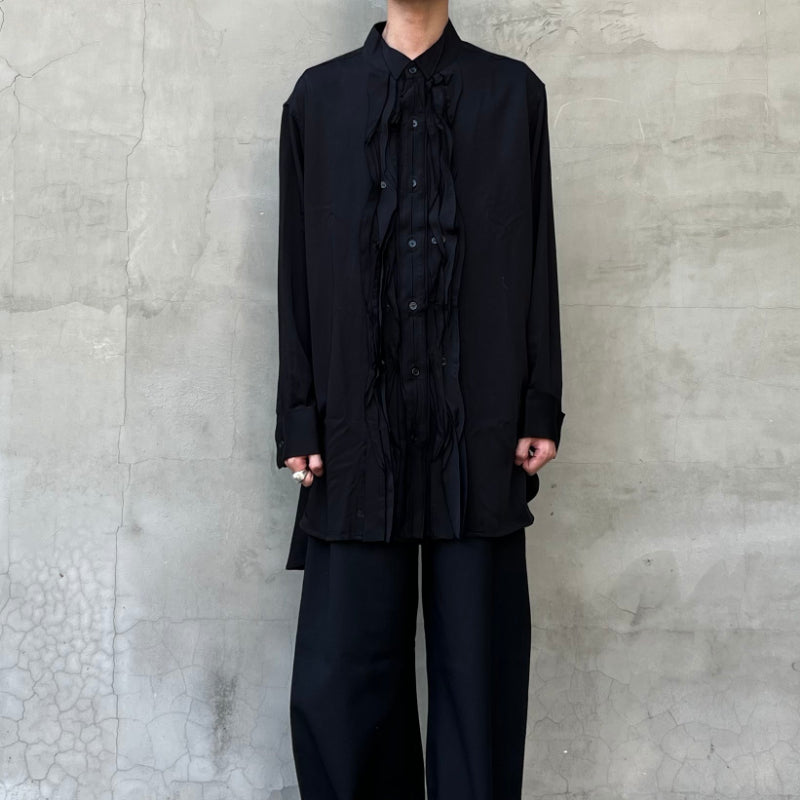 Yohji-Yamamoto Dark Pleated Torn Cotton Silk Blend Shirt Monochrome Palace Style