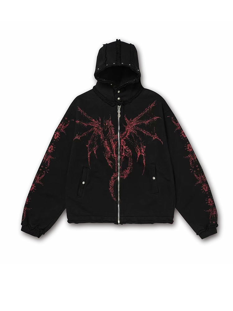 THUG CLUB Heavyweight Hoodie Dragon Spine Demon Print Studded Washed Zip-Up Jackets