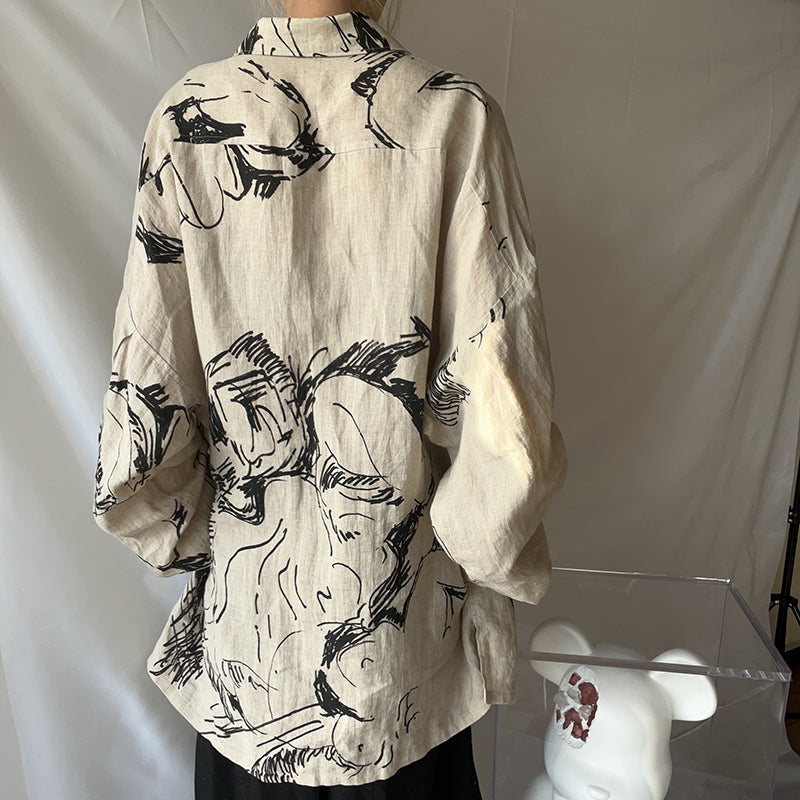 Self-made Yohji Linen Shirt – Yuuka Asakura Yamamoto Hand-Painted Beast Motif