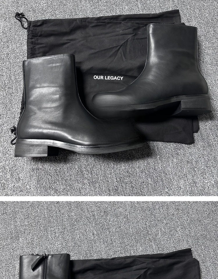 Our Legacy Black Leather Mid-Calf Chelsea Boots High-End Unisex Short Boots