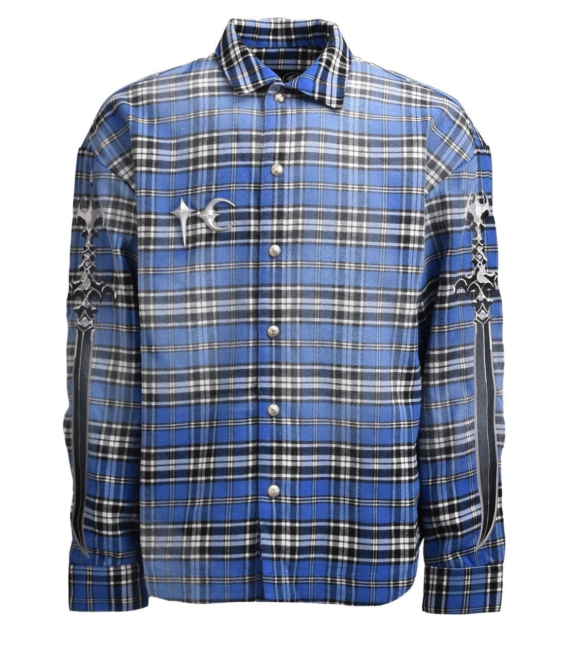 ThugClub 24FW Vintage Plaid Jacket - Sword Embroidery Distressed Checkered Shirt