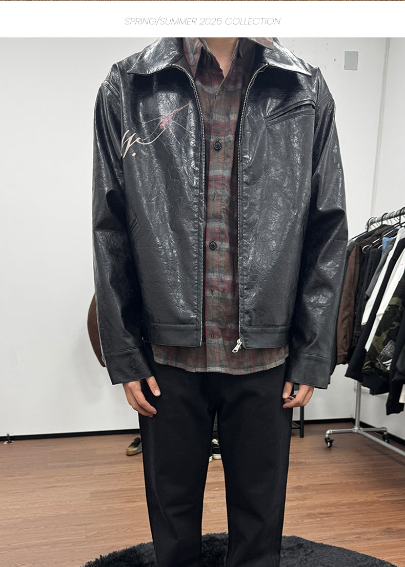 25SS Yohji Dark Vibe Dragonfly & Woman Ink Print Wrinkled Waxed Leather Jacket