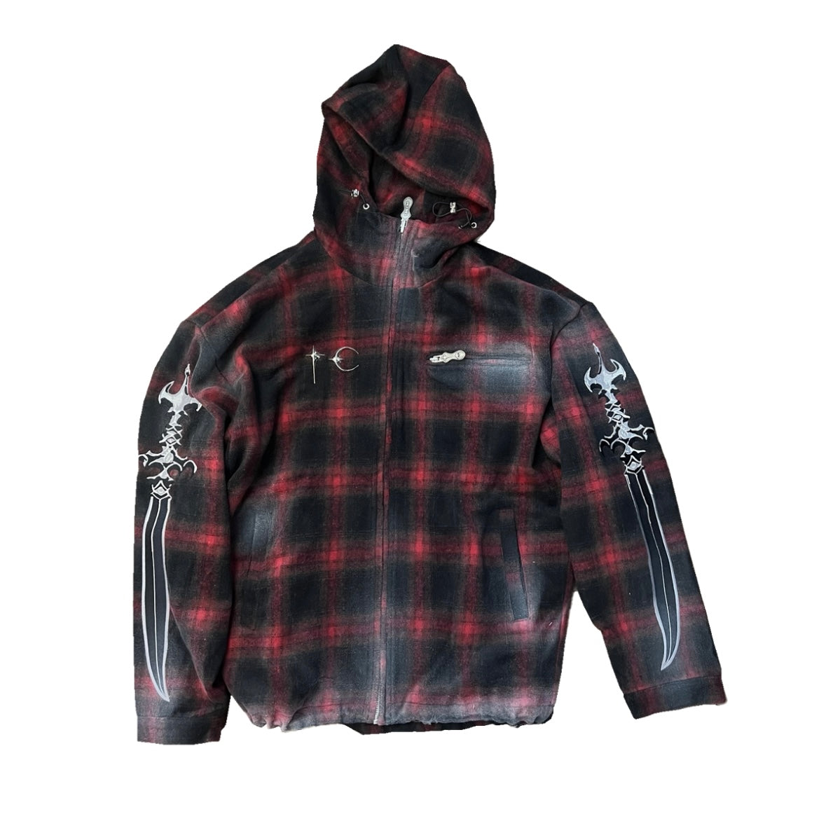 Thug Club Red Sacred Sword Embroidered Flannel Hoodie – Oversized Zip-Up Multi-Pocket