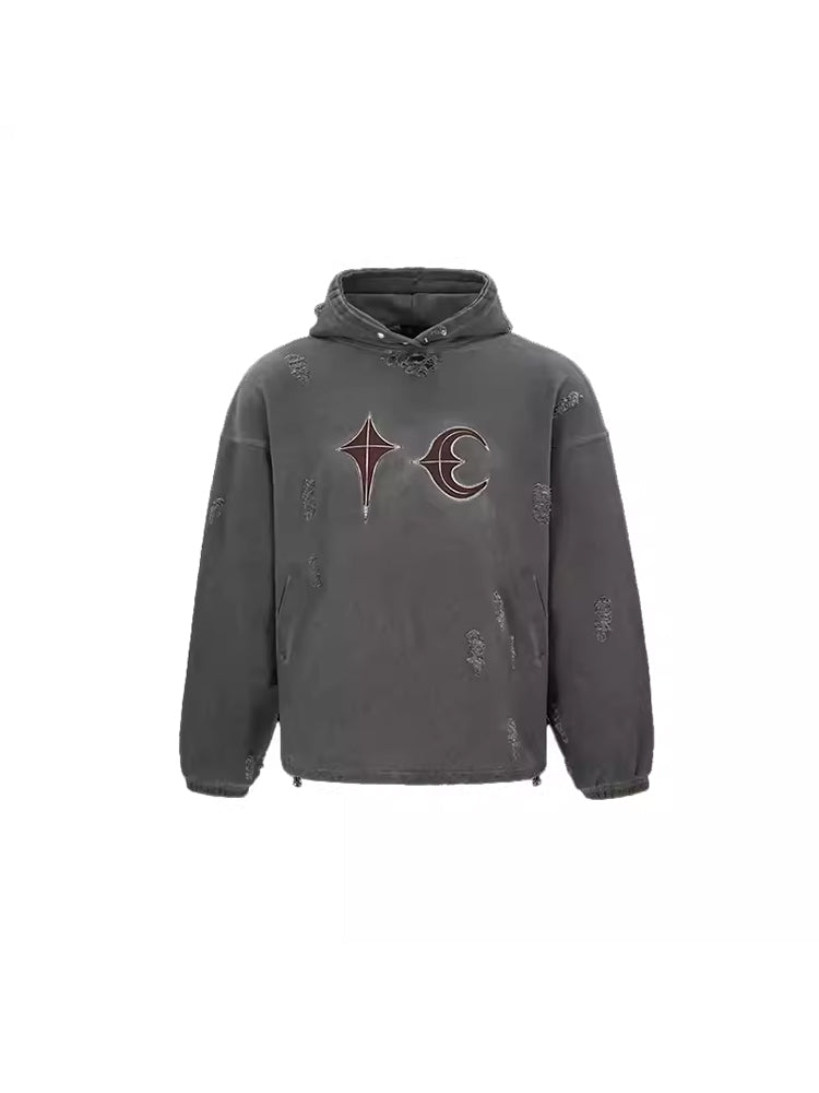 Thug Club Heavy Washed Distressed Patchwork Leather Embroidered Ripped Hoodie