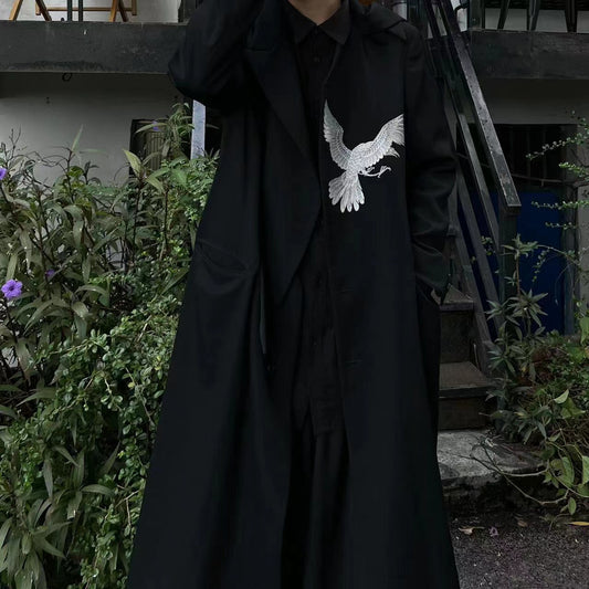 Self-made Yohji Wool Trench Coat - Double-Layered Collar White Raven Embroidery