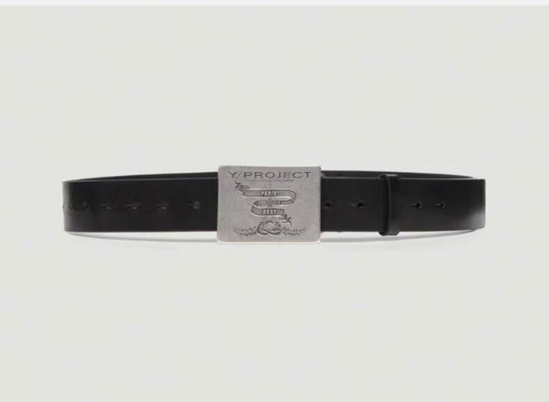 Self-made Y/Project 23SS Runaway Distressed Silver Plaque Genuine Leather Belt