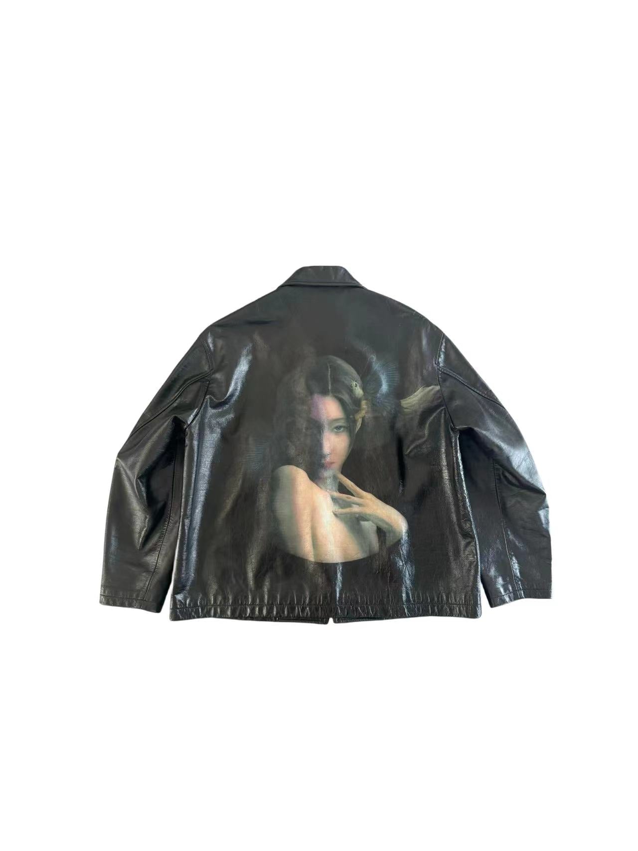 Self-Made Yohji Yamamoto Uchida Suzume - Wheel of Fortune Portrait Print Genuine Leather Jacket