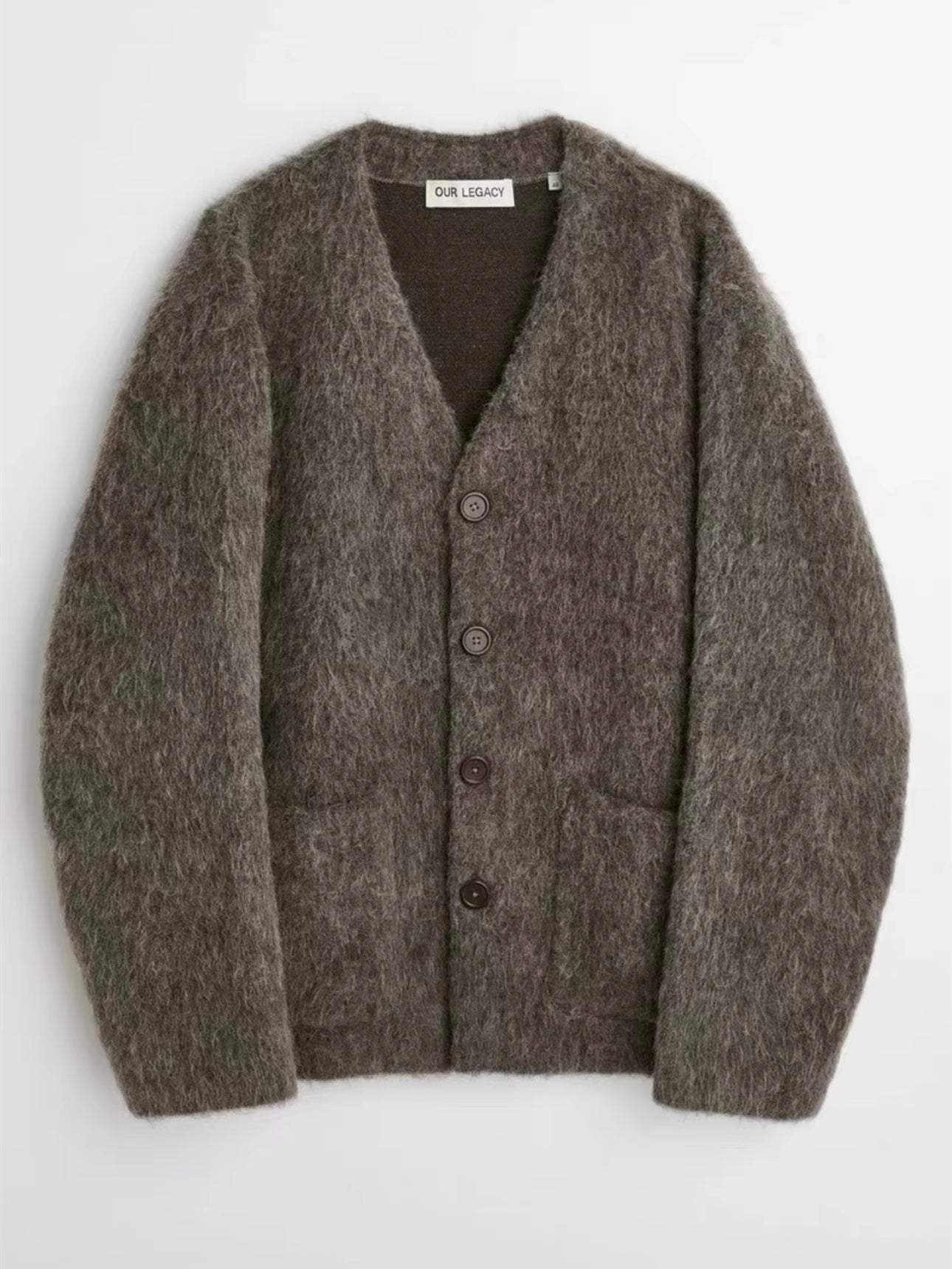 Self-made Our Legacy Gray-Brown Mohair Cardigan, Wool Blend Knitted Long Sleeve V-Neck Sweater