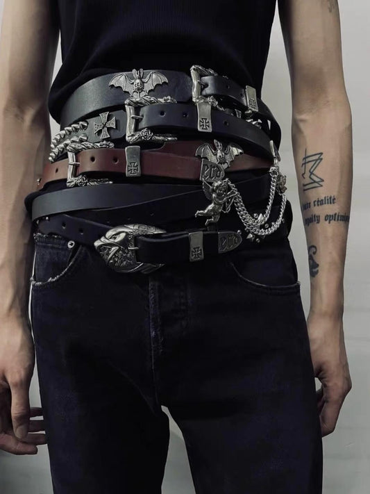 ERD SS24 'Depressed Heir' Bat-Studded Punk Belt - Top-Grain Cowhide Rocker Strap