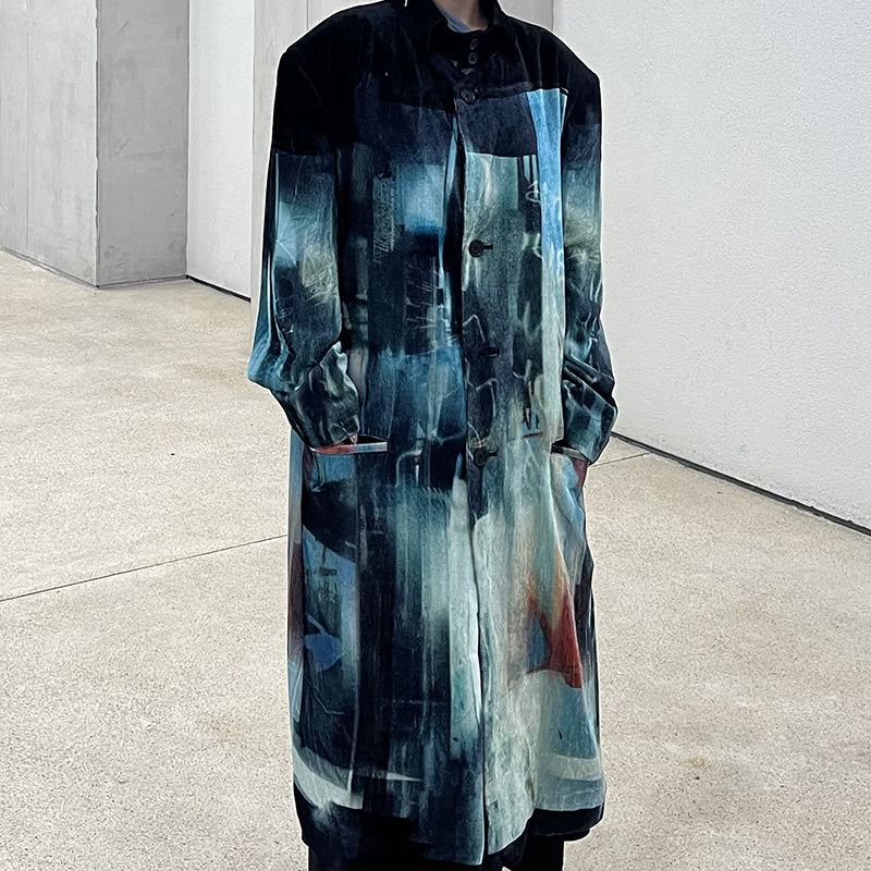 Donclickin Yohji Yamamoto Dead Sea Print Lake Blue Velvet Corduroy Trench Coat