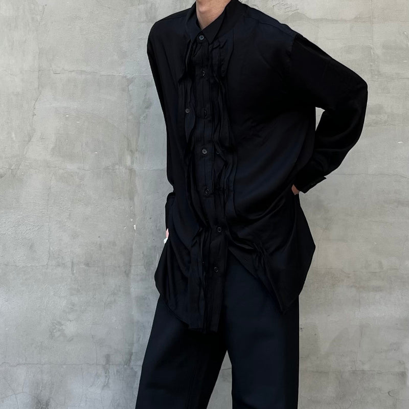 Yohji-Yamamoto Dark Pleated Torn Cotton Silk Blend Shirt Monochrome Palace Style