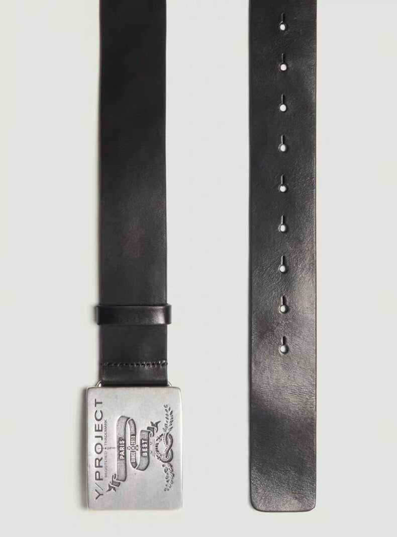 Self-made Y/Project 23SS Runaway Distressed Silver Plaque Genuine Leather Belt