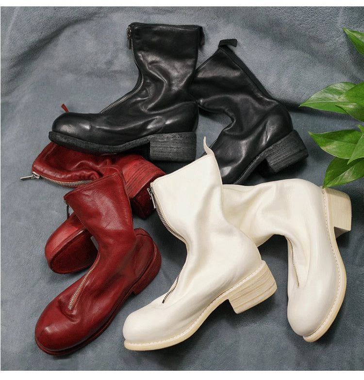 Self-made Guidi Horse Leather Distressed Chunky Heel Mid-Calf Ankle Boots PL1/2 Front-Zip