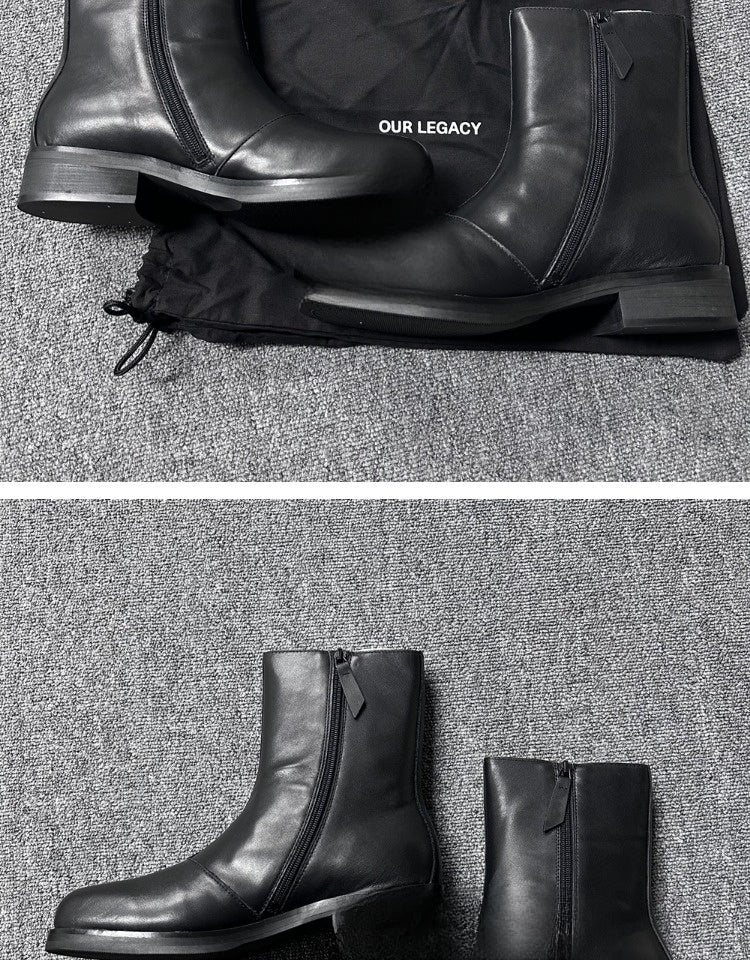 Our Legacy Black Leather Mid-Calf Chelsea Boots High-End Unisex Short Boots