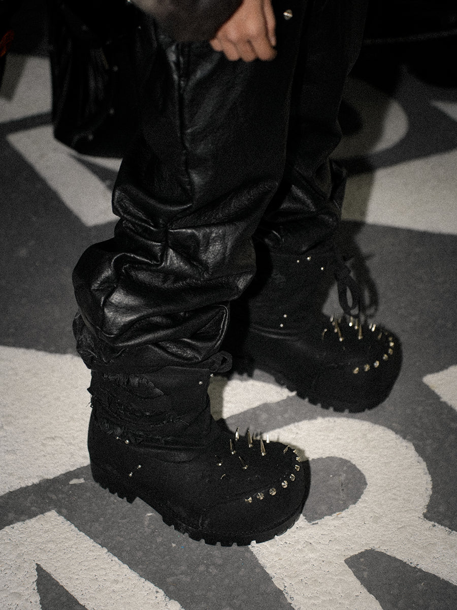 Remake 24FW Custom Waxed Distressed Perforated Denim Snow Boots Studded Toe