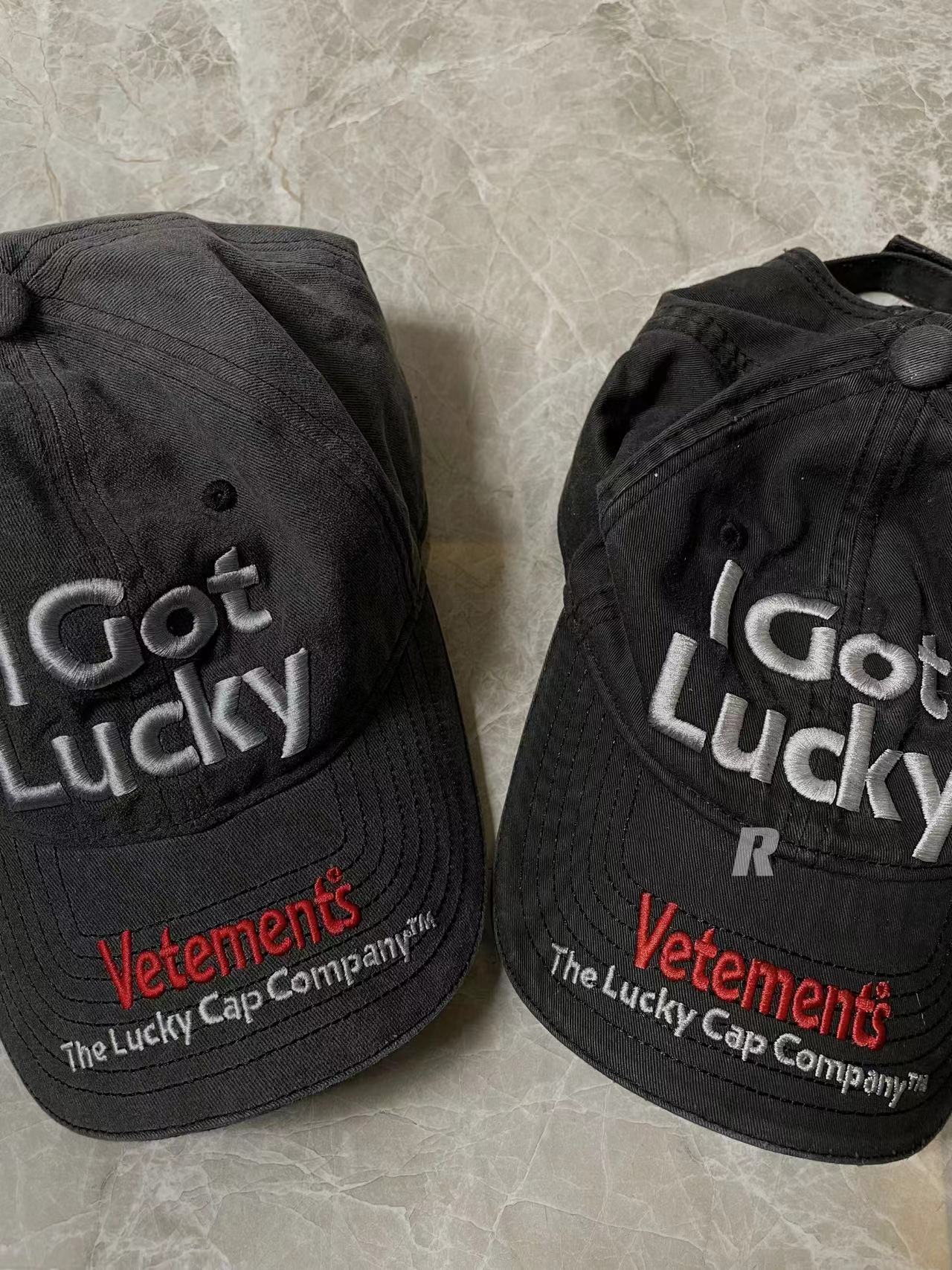 Vetements 22FW Washed Gray Embroidered Baseball Cap "I Got Lucky" Long Brim Hat