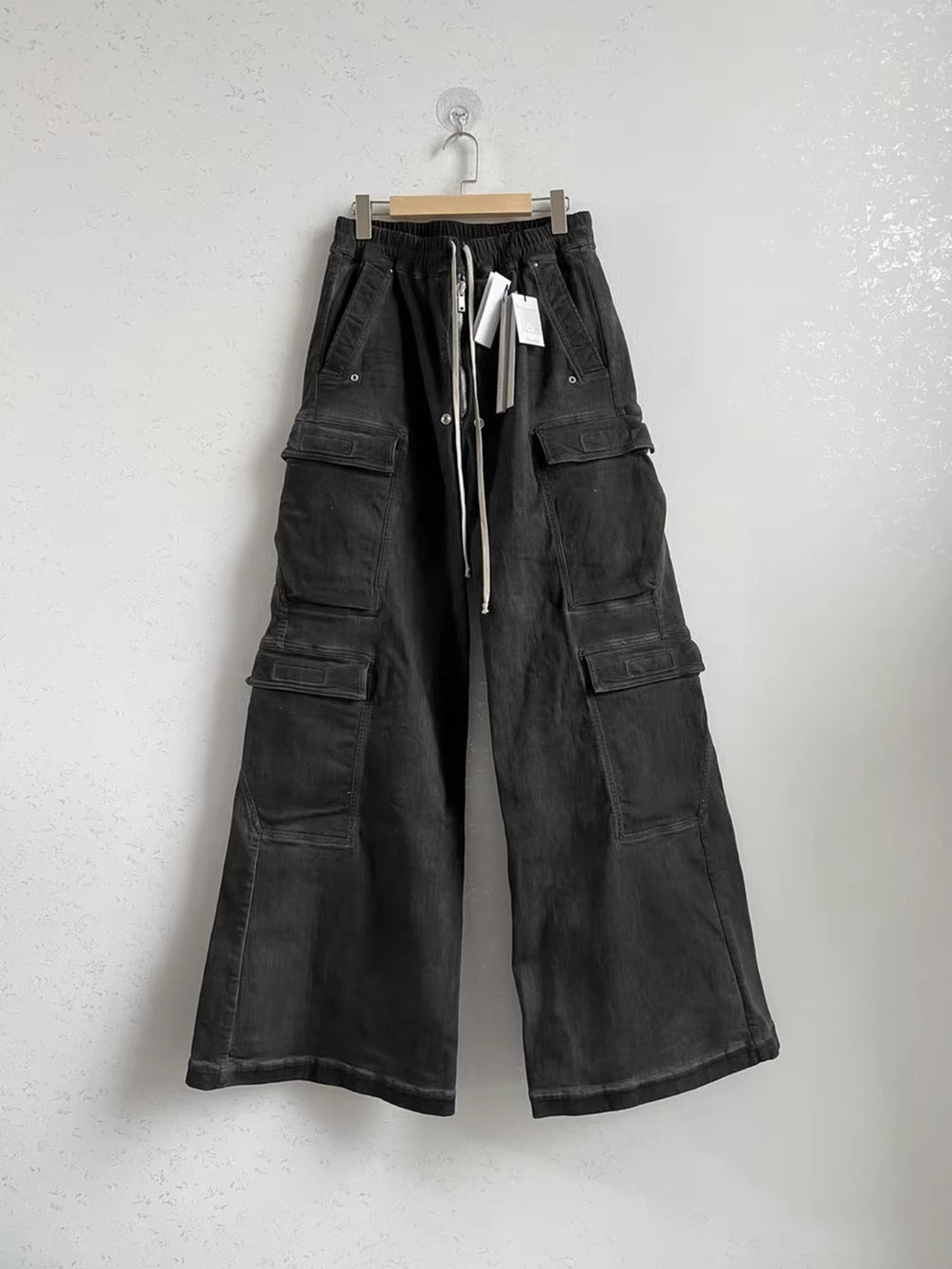 Self-made 23SS Rick Owen Wide-Leg Washed Gray Jeans Ash Gray Unisex Cargo Pants