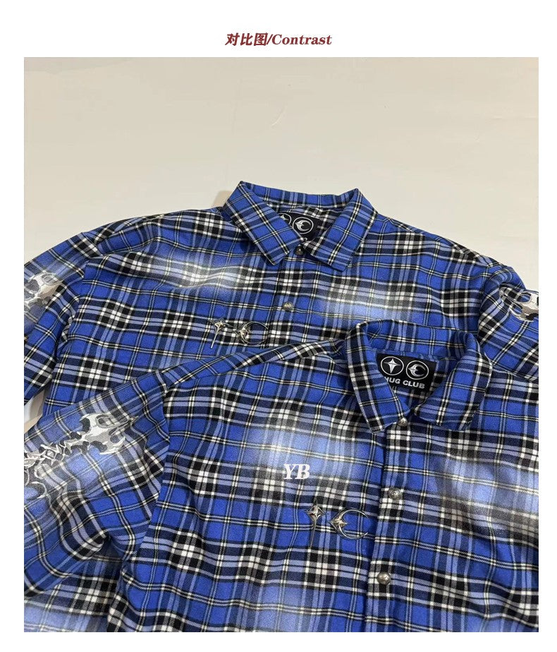 ThugClub 24FW Vintage Plaid Jacket - Sword Embroidery Distressed Checkered Shirt