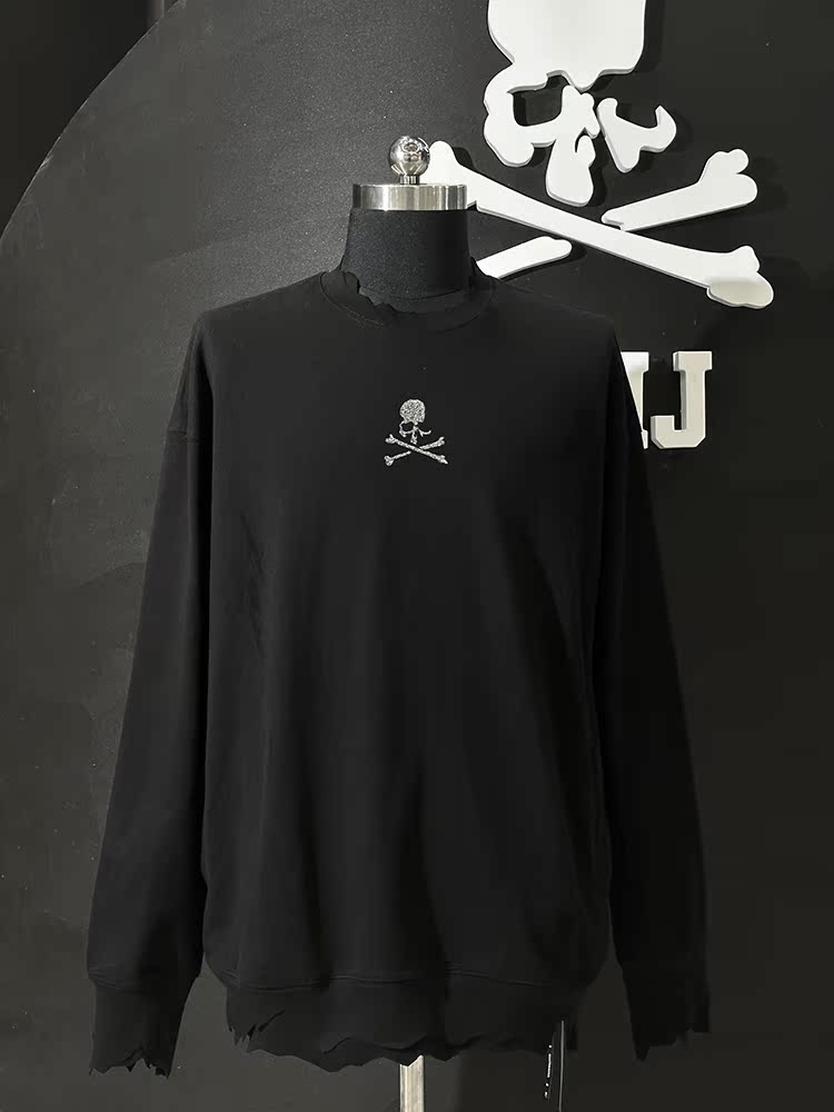MASTERMIND MMJ Skull Glitter 3D Print Cut-Off Distressed Crewneck Sweatshirt