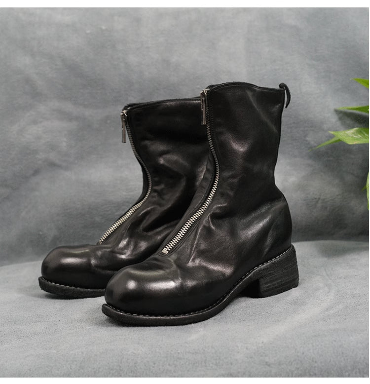 Self-made Guidi Horse Leather Distressed Chunky Heel Mid-Calf Ankle Boots PL1/2 Front-Zip