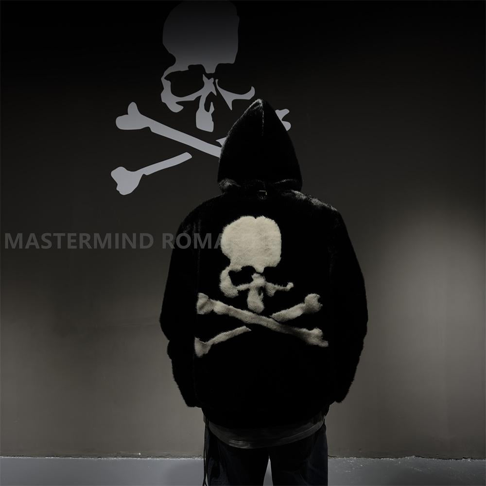 Mastermind MMJ Skull Faux Mink Fur Hoodie – Dark High-Street Black Hooded Coat