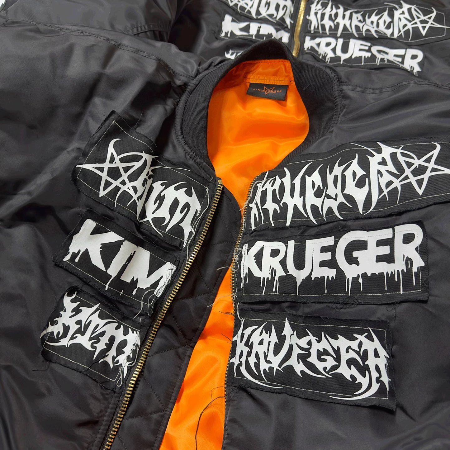 Kim Krueger Embroidered Patch Nylon Oversized Bomber Zip-Up Hooded Cotton Jacket