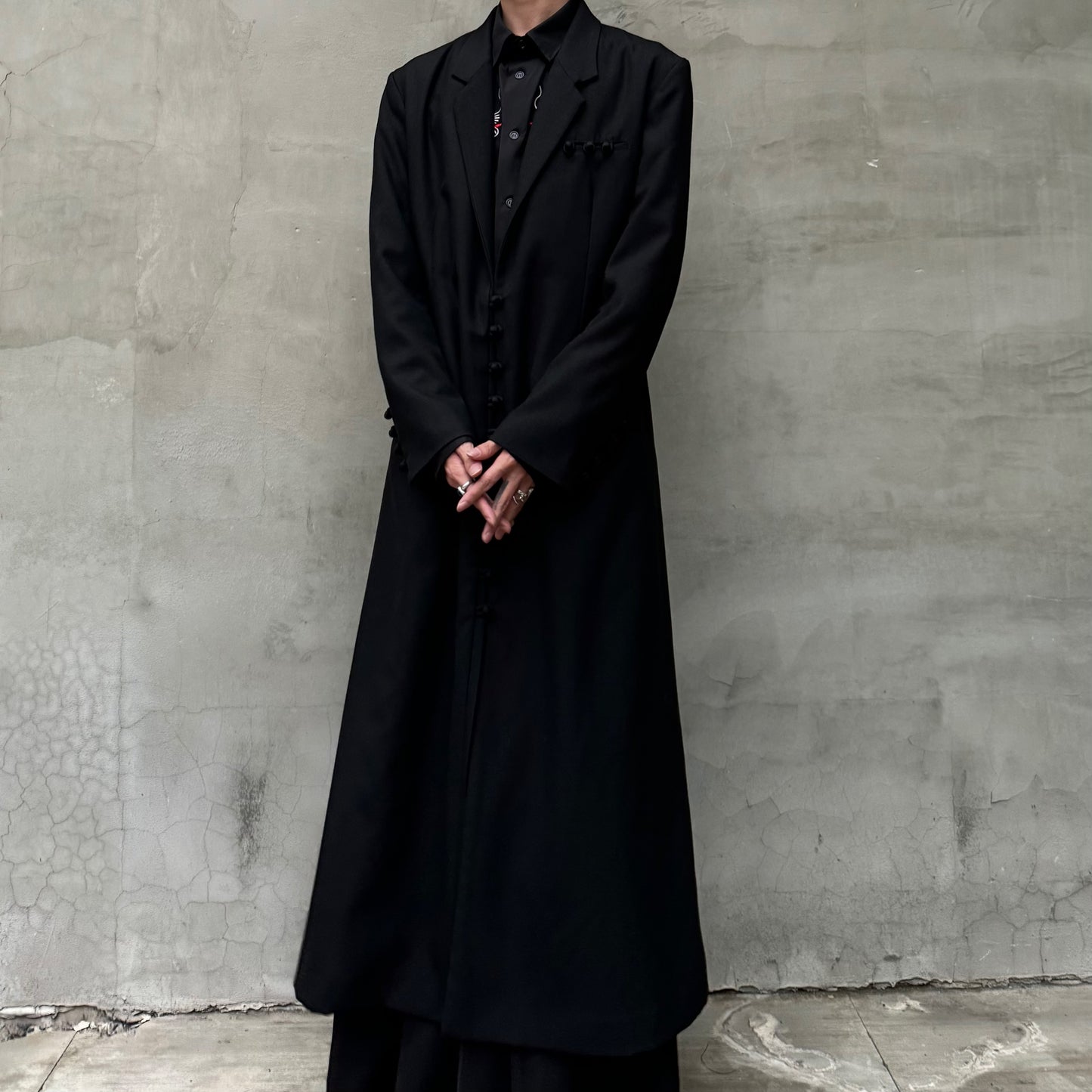 Donclick Yohji AW18 Monastic Collection Tuxedo-Wrap Fabric Buttons Wool Overcoat