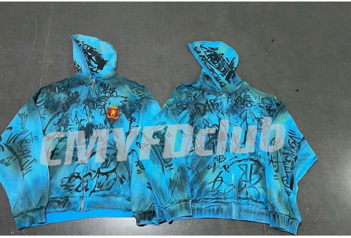 23SS Runway Manchester United Sater Hand-Painted Graffiti Distressed Muddy Zip-Up Hoodie