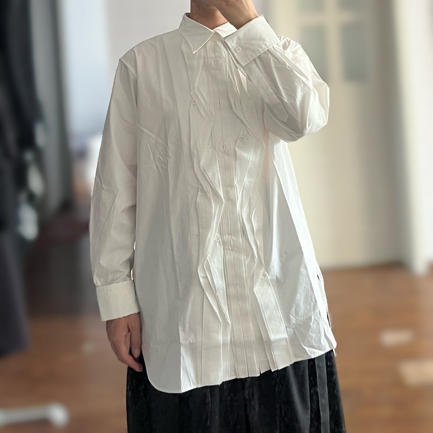 Yohji-Yamamoto Dark Pleated Torn Cotton Silk Blend Shirt Monochrome Palace Style