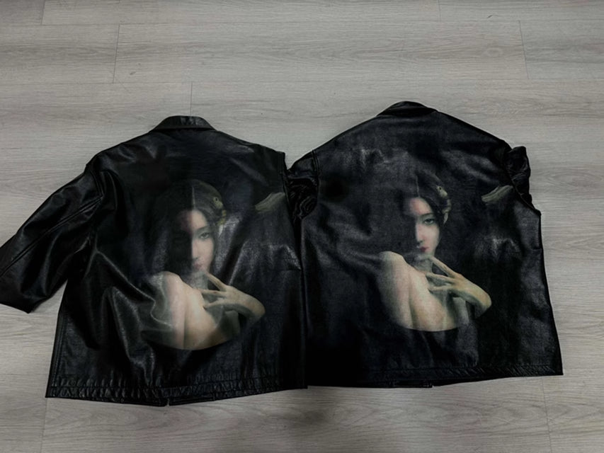 Self-Made Yohji Yamamoto Uchida Suzume - Wheel of Fortune Portrait Print Genuine Leather Jacket