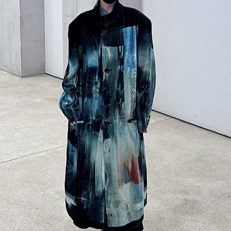 Donclickin Yohji Yamamoto Dead Sea Print Lake Blue Velvet Corduroy Trench Coat