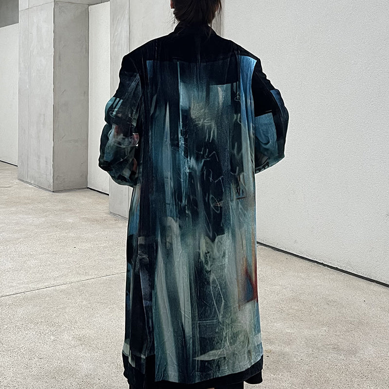 Donclickin Yohji Yamamoto Dead Sea Print Lake Blue Velvet Corduroy Trench Coat