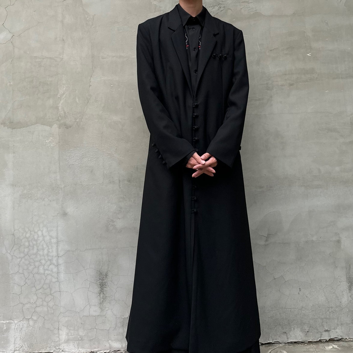 Donclick Yohji AW18 Monastic Collection Tuxedo-Wrap Fabric Buttons Wool Overcoat