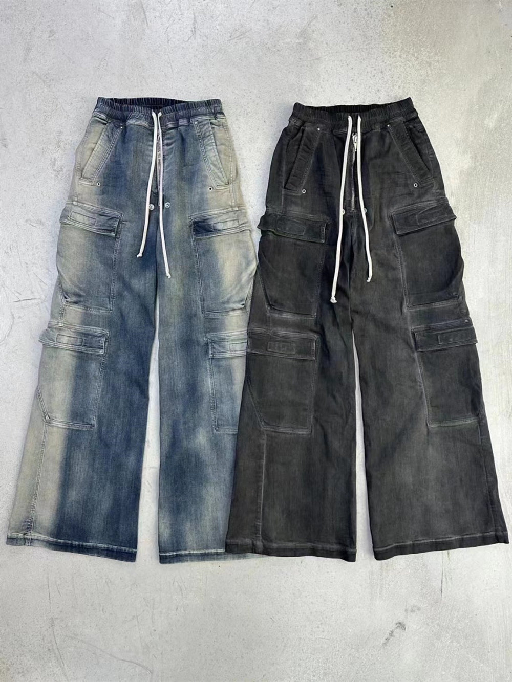 Self-made 23SS Rick Owen Wide-Leg Washed Gray Jeans Ash Gray Unisex Cargo Pants