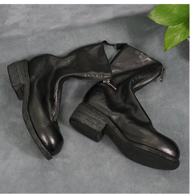 Self-made Guidi Horse Leather Distressed Chunky Heel Mid-Calf Ankle Boots PL1/2 Front-Zip