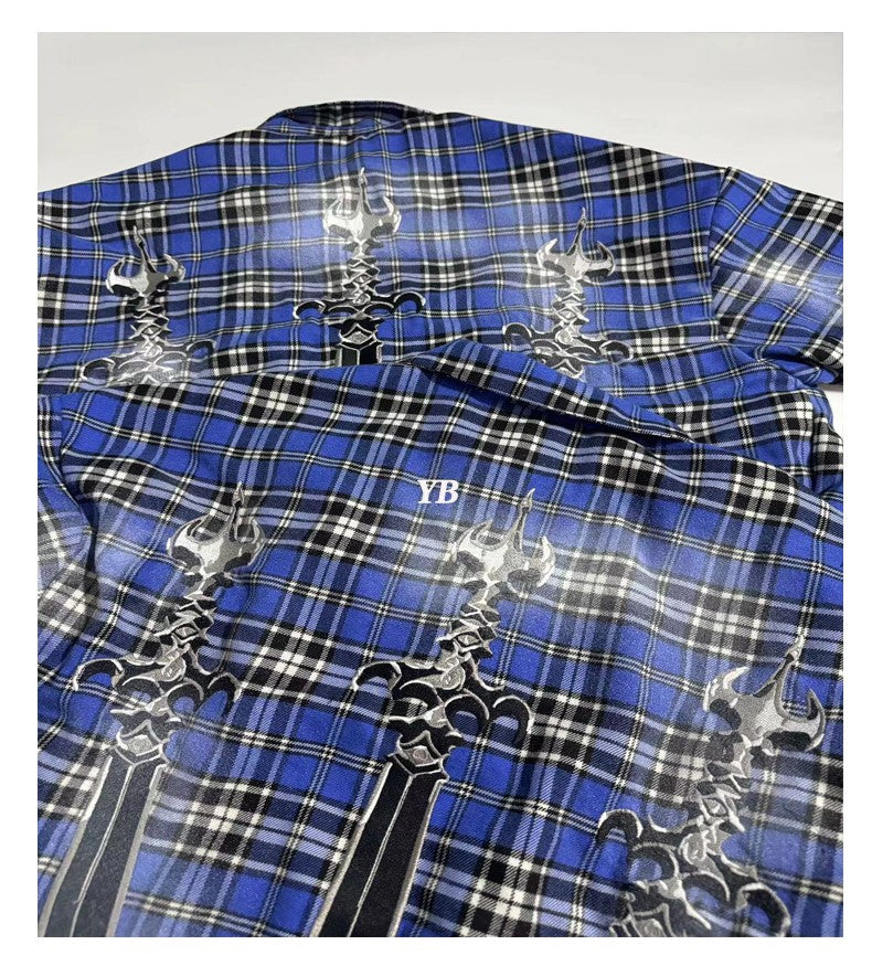 ThugClub 24FW Vintage Plaid Jacket - Sword Embroidery Distressed Checkered Shirt