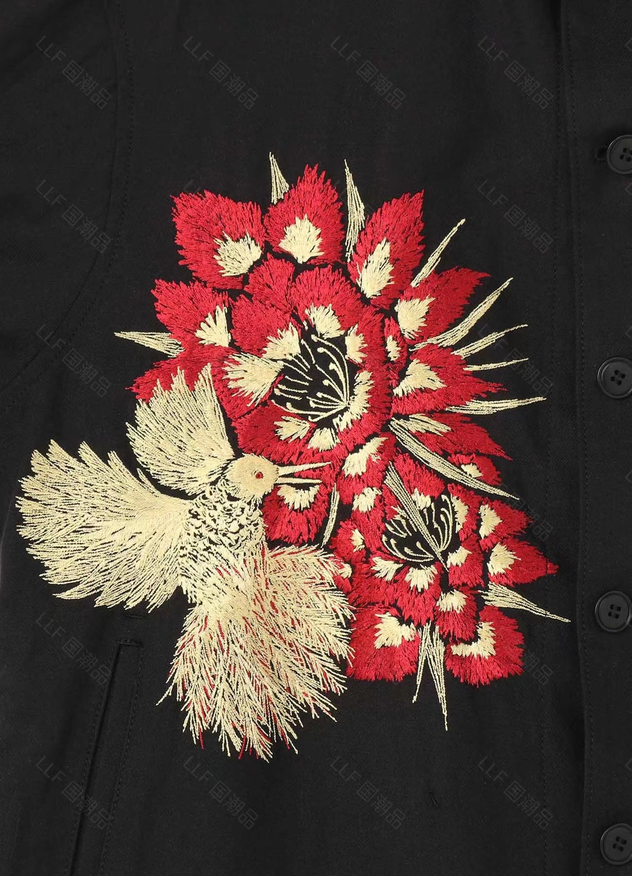 Self-made Yohji Yamamoto Hummingbird Embroidered Silk-Linen Jacket Long Sleeve