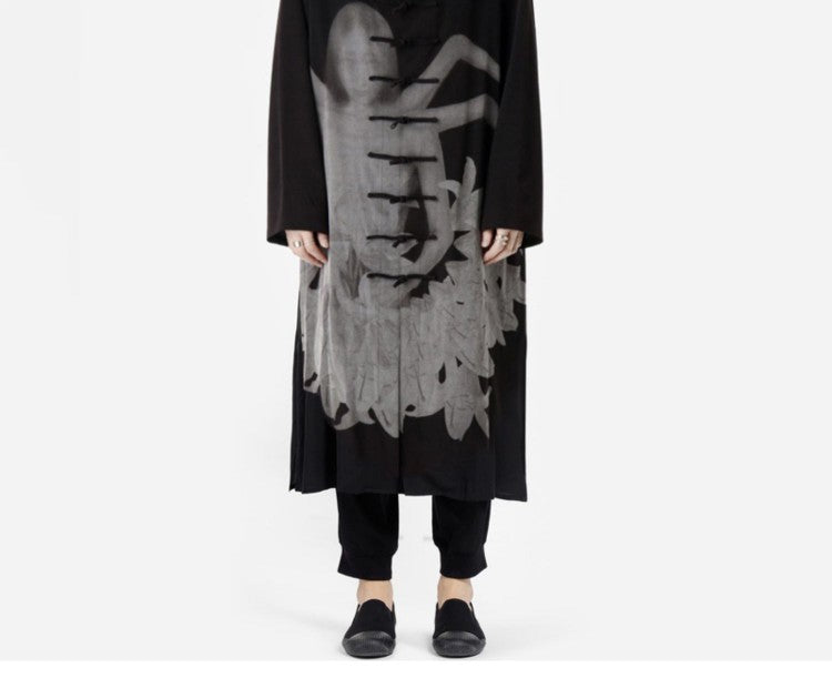 Self-made Yohji Yamamoto Dark Asura Lily Printed Mid-Length Shirt Button Closure