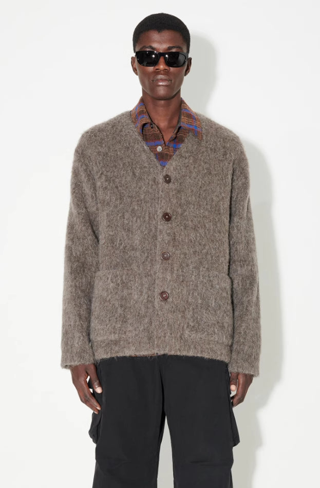 Self-made Our Legacy Gray-Brown Mohair Cardigan, Wool Blend Knitted Long Sleeve V-Neck Sweater