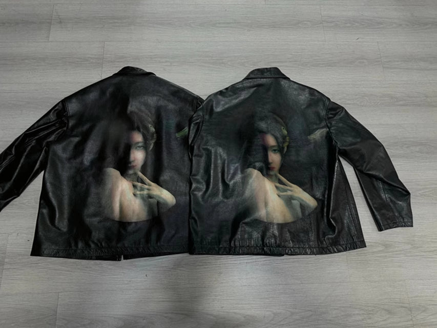 Self-Made Yohji Yamamoto Uchida Suzume - Wheel of Fortune Portrait Print Genuine Leather Jacket