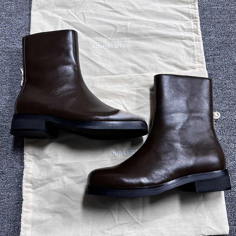 Self-made Our Legacy Brown Leather Mid-Calf Boots Minimalist High-End Chelsea