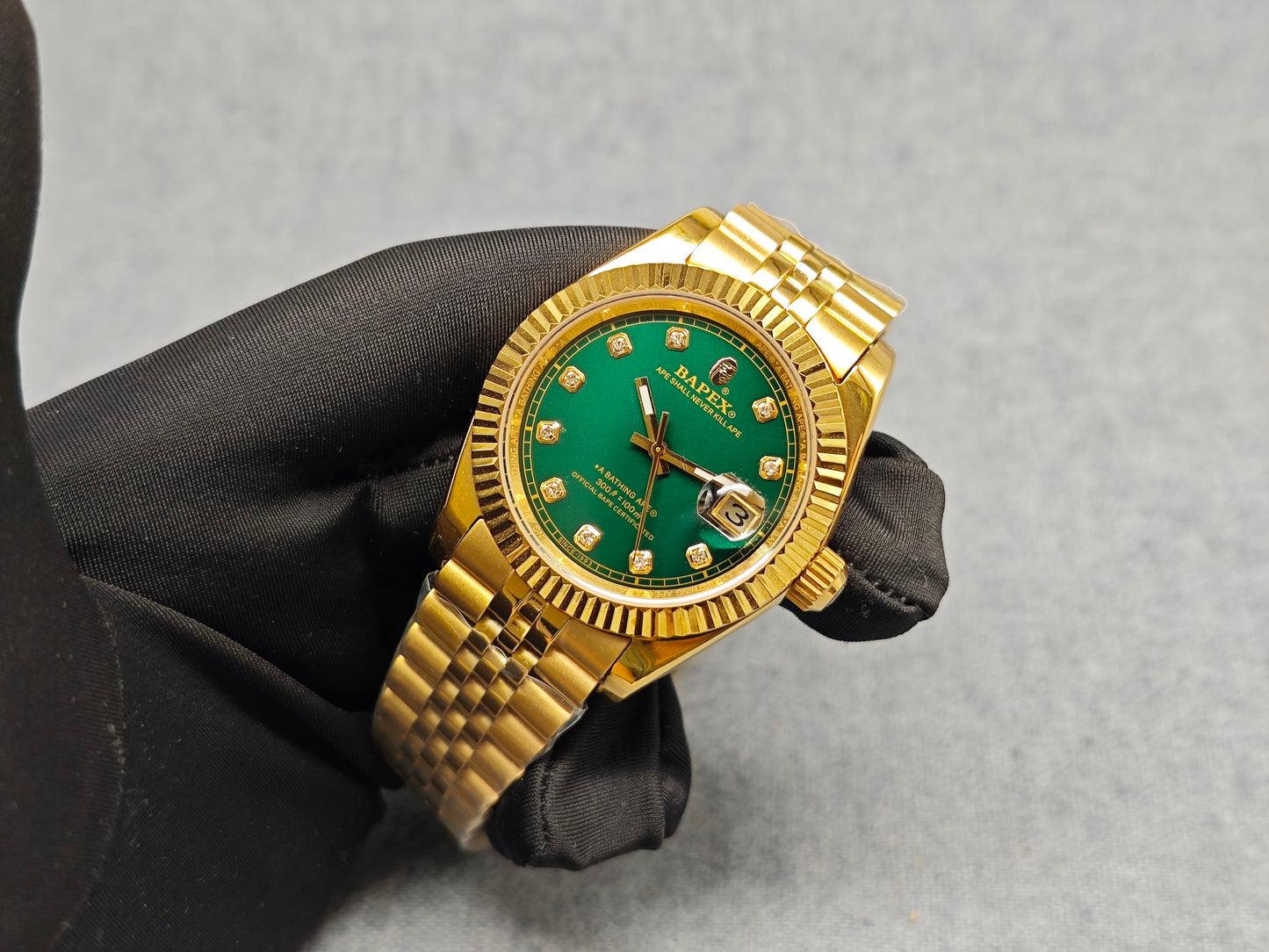 Self-made TYPE 6 BAPEX Gold-Green Ape Power Watch - Fluted Bezel Datejust Mechanical Wristwatch