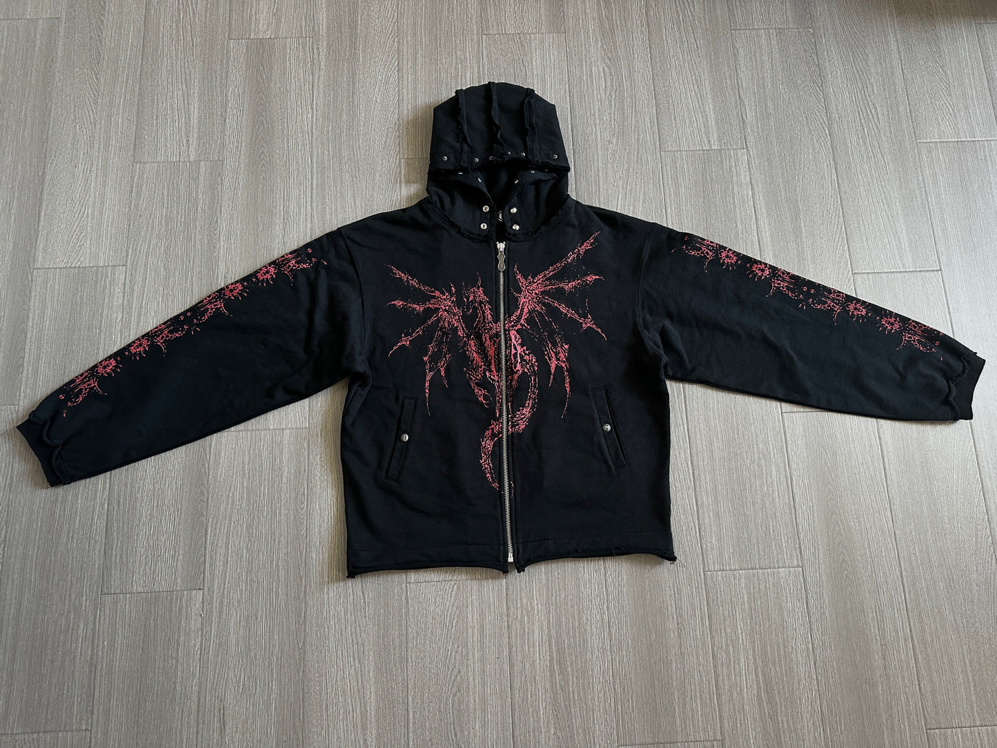 THUG CLUB Heavyweight Hoodie Dragon Spine Demon Print Studded Washed Zip-Up Jackets