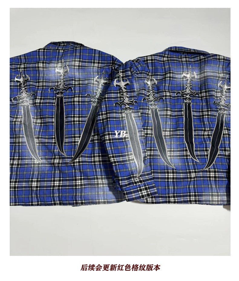 ThugClub 24FW Vintage Plaid Jacket - Sword Embroidery Distressed Checkered Shirt