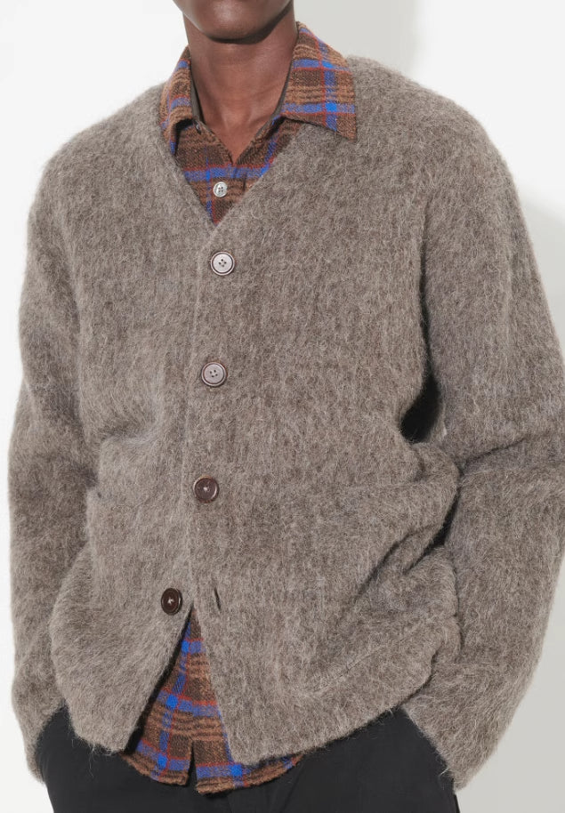 Self-made Our Legacy Gray-Brown Mohair Cardigan, Wool Blend Knitted Long Sleeve V-Neck Sweater