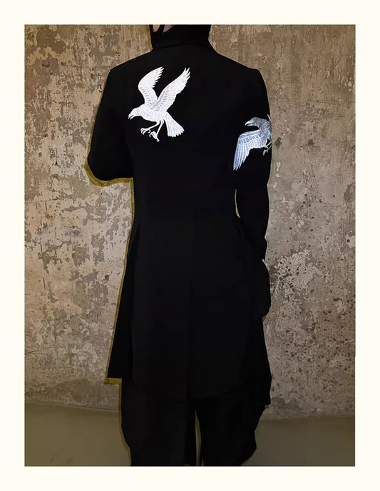 Self-made Yohji Yamamoto Dark 21AW Long Blazer Coat Dual Crow Embroidery on Back