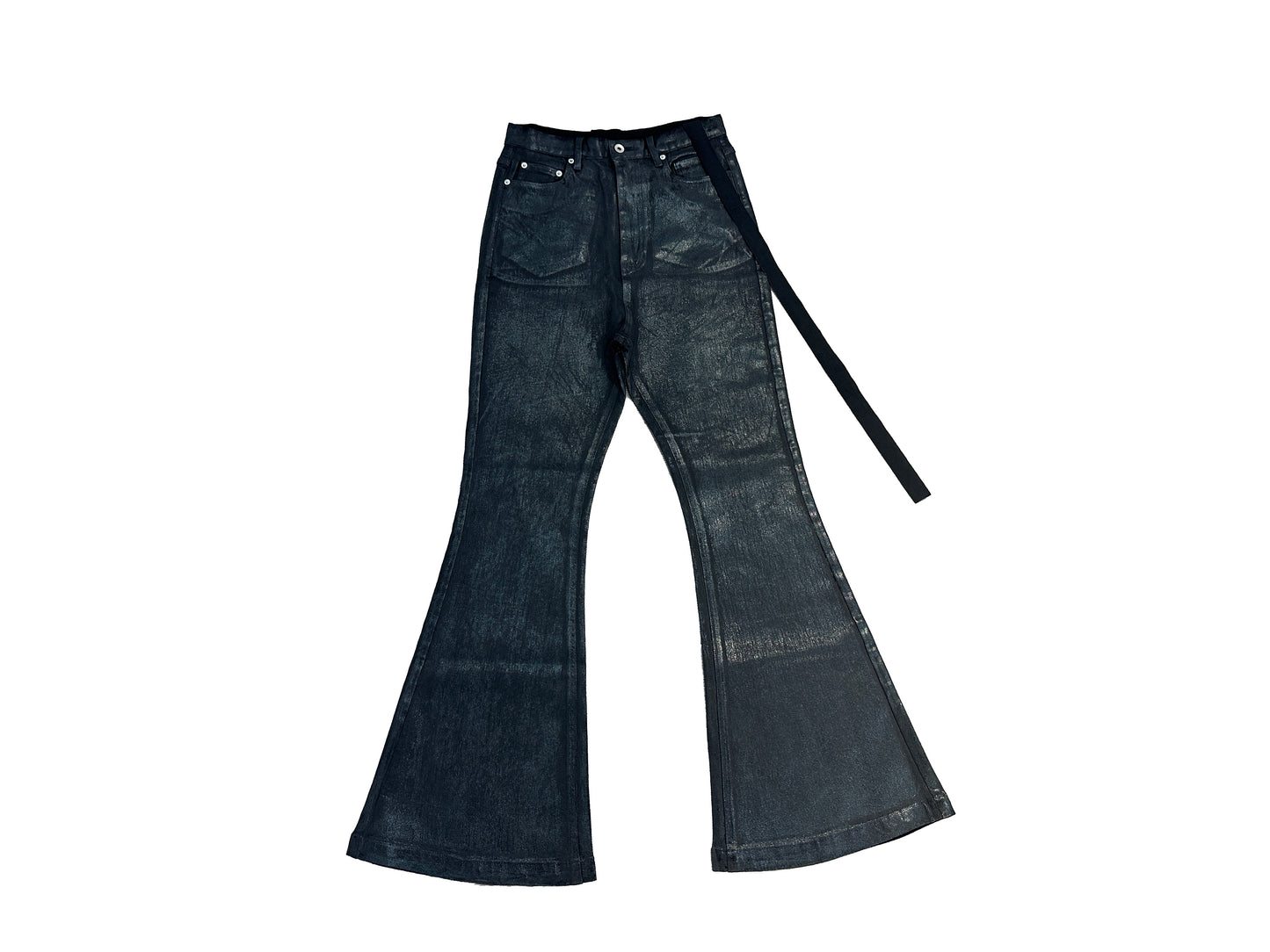 Self-made Rick Owen ACBT Dark Waxed Black Denim Pants – High Stretch Flared Wide-Leg Trousers